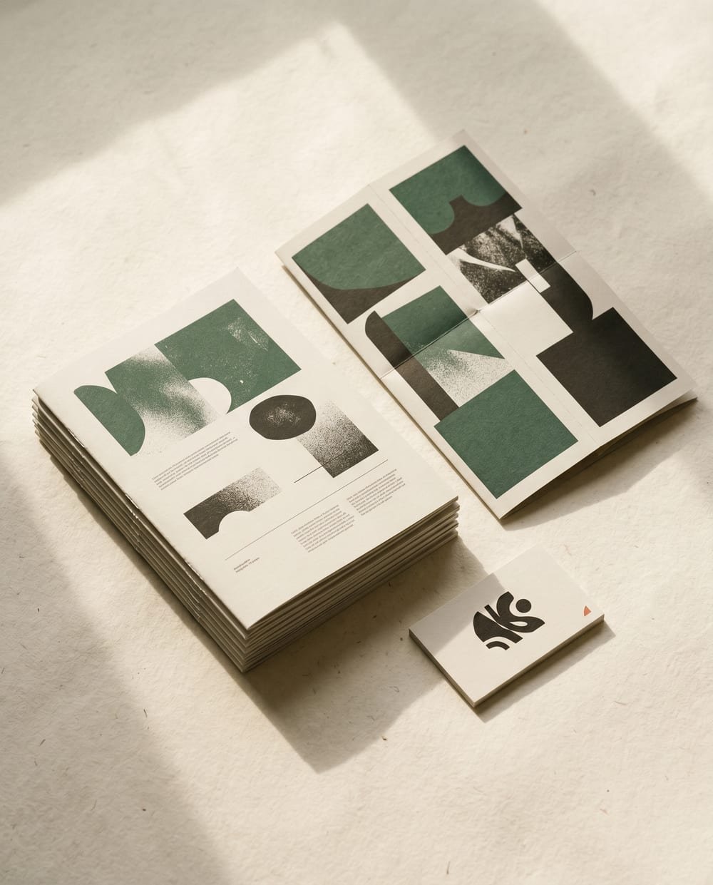 Printed editorial spreads and brand collateral in cream, ink and forest green