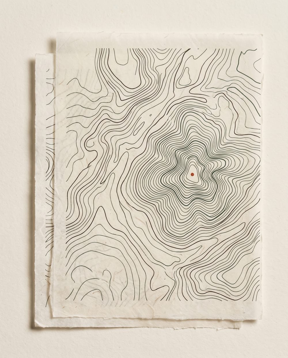 A topographic contour drawing on handmade paper — the studio's signature motif